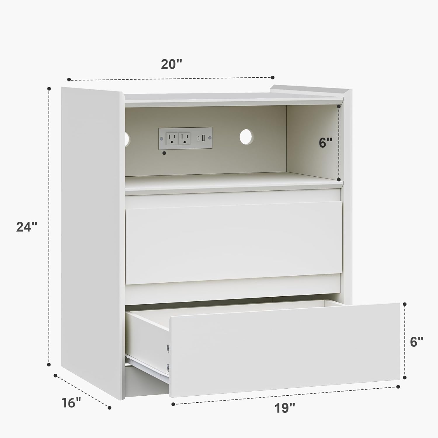 2 Drawers White Nightstand with Charging Station, 24" Tall Bedside Table End Table for Bedroom or Living Room