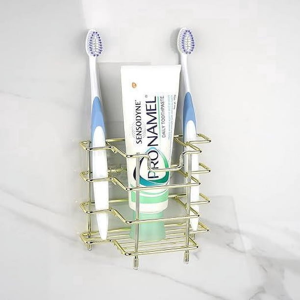 Soporte para cepillos de dientes de pared (dorado), apto para baño, ducha, cepillo de dientes eléctrico, soporte para cepillos de dientes de acero inoxidable, pasta de dientes, afeitadora, adhesivo p