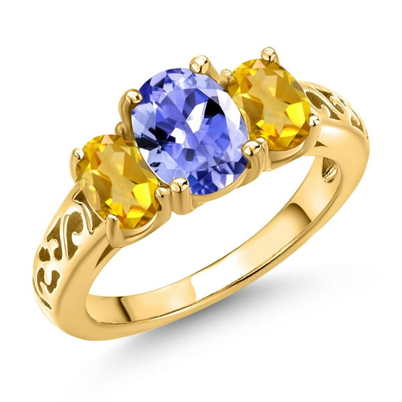 Gem Stone King 18K Yellow Gold Plated Silver Blue Tanzanite and Yellow Citrine Filigree Style 3 Stone Ring for Women (2.06 Cttw, Oval 8X6MM and 6X4MM) (Size 9)