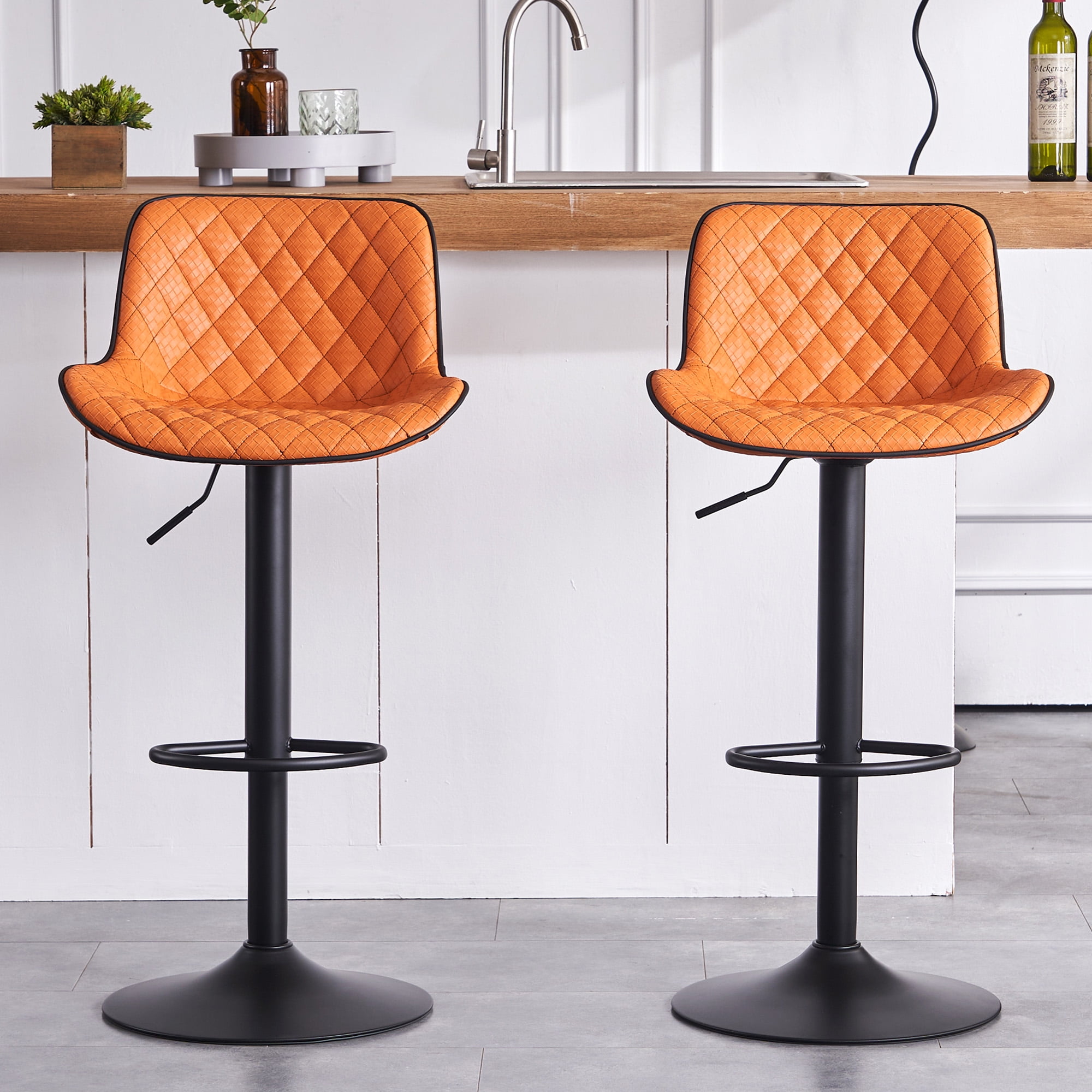 Kidol & Shellder Bar Stools Set of 2 Soft Adjustable Swivel Counter Stools, Orange Weave Pattern