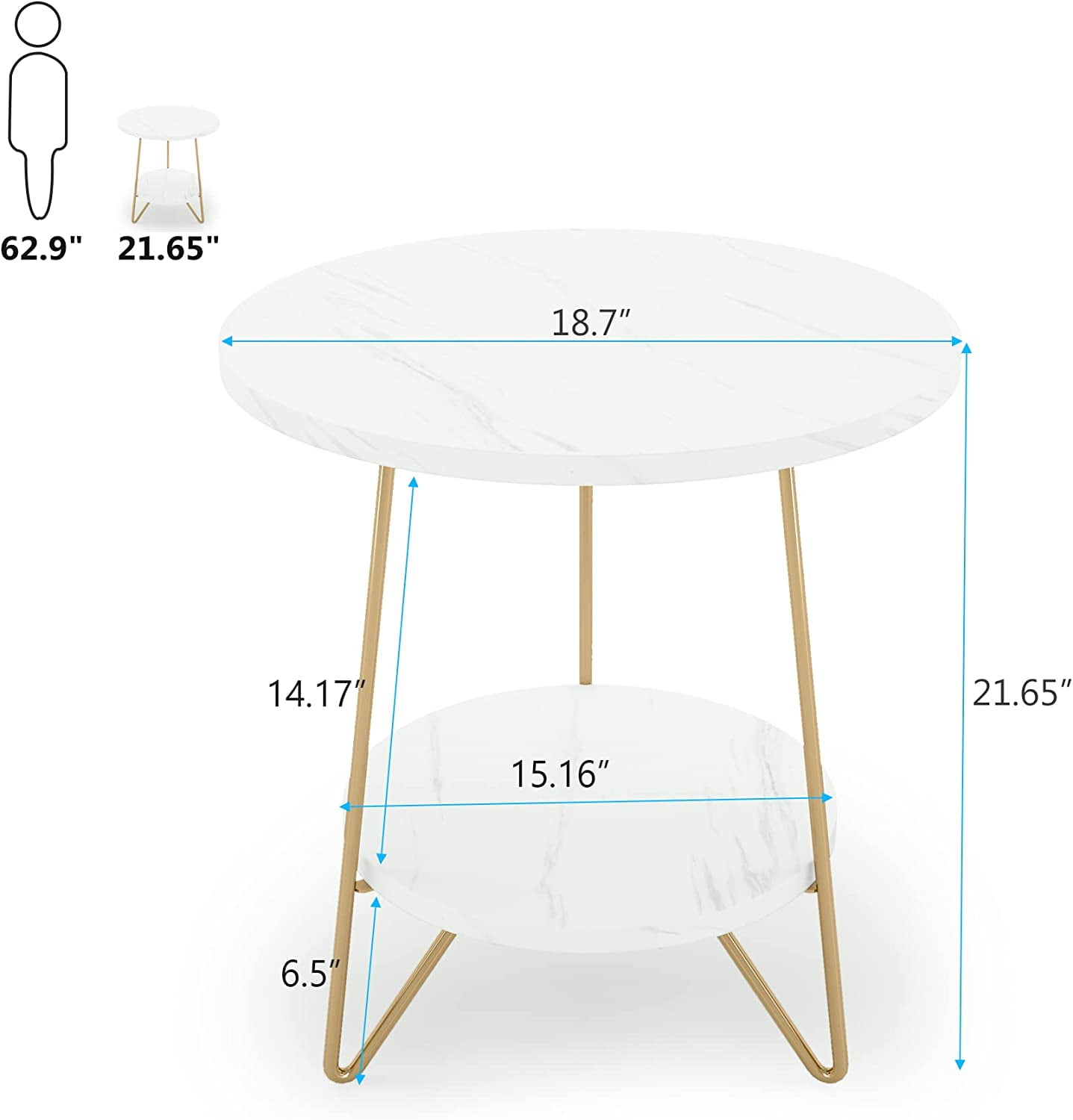 Marble End Table, 2 Tier Round Side Table with Shelves, Modern Gold Nightstand Bedside Table Small Coffee Accent Table for Living Room Bedroom, White and Gold