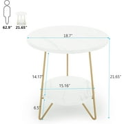 Marble End Table, 2 Tier Round Side Table with Shelves, Modern Gold Nightstand Bedside Table Small Coffee Accent Table for Living Room Bedroom, White and Gold