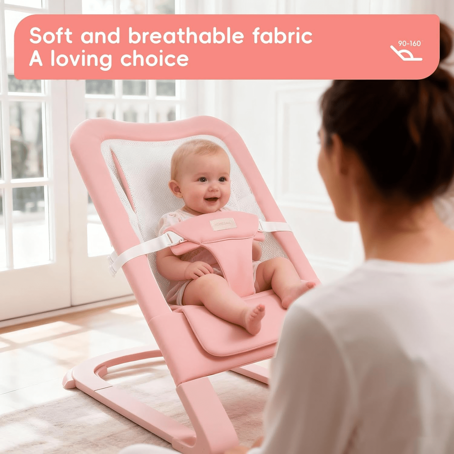 Portable Baby Bouncer Seat for Infants, Adjustable Baby Chair with 3-Point Safety Harness, Lightweight Foldable Design for 0-18 Months, Supports Up to 60 lbs, Pink