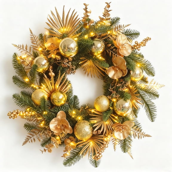 Christmas Wreaths for Front Door,24 inch Artificial Christmas Pine Wreaths with Lights,Golden Ball,Glittered Leaf,Spray Stems Berries,Pre-Lit Xmas Wreaths for Fireplace,Window,Indoor Outdoor Decor