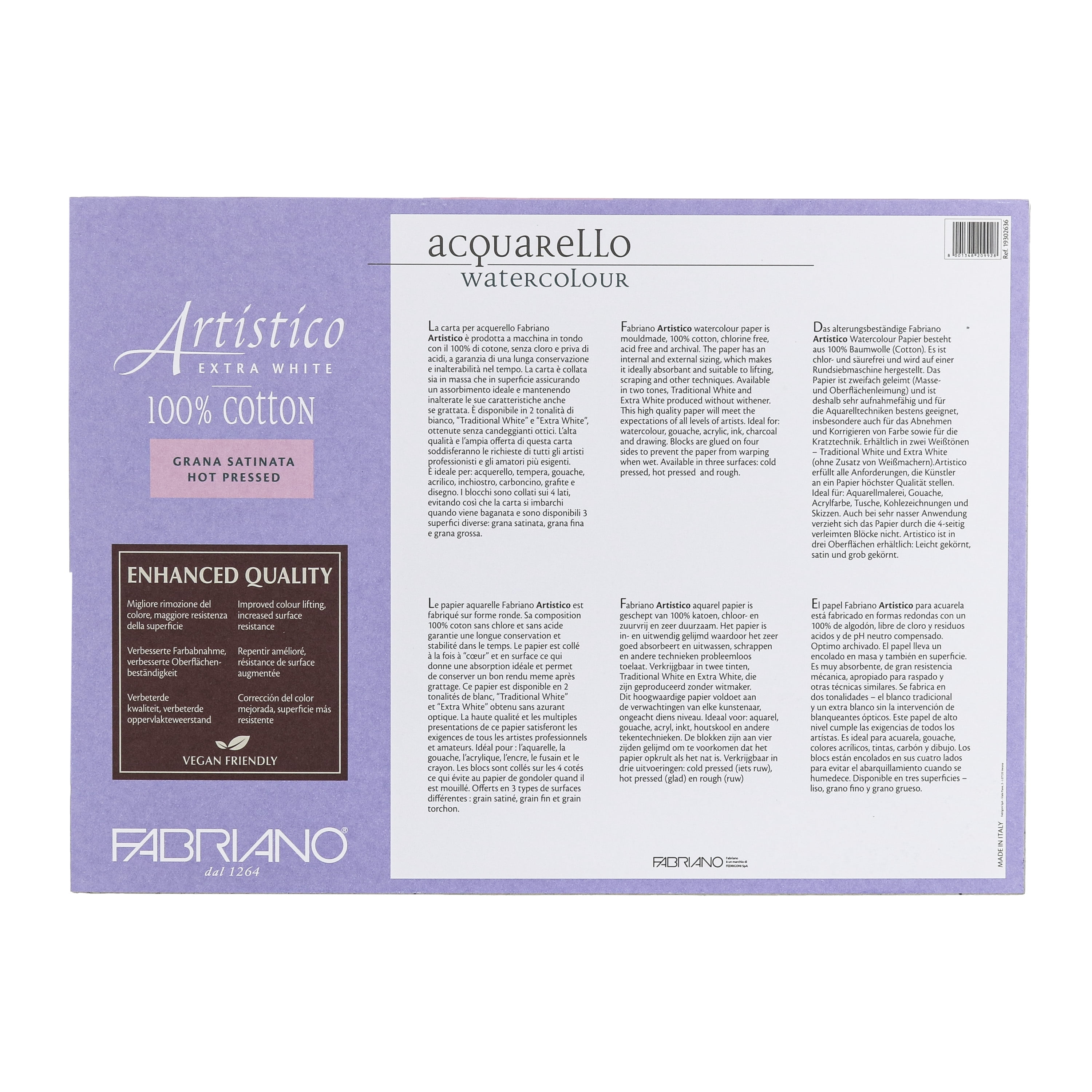 Fabriano Artistico Extra White Watercolor Block, 140 lb./300 gsm, Hot Press, 20 Sheets, 10" x 14"