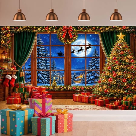 Christmas Backdrop Window Santa Sleigh Reindeer Xmas Tree Photo Background 10X8ft Vinyl Village Winter Room Xmas Family Photography Background Xmas Holiday Party Decor Banner Studio Shoots Photo Prop