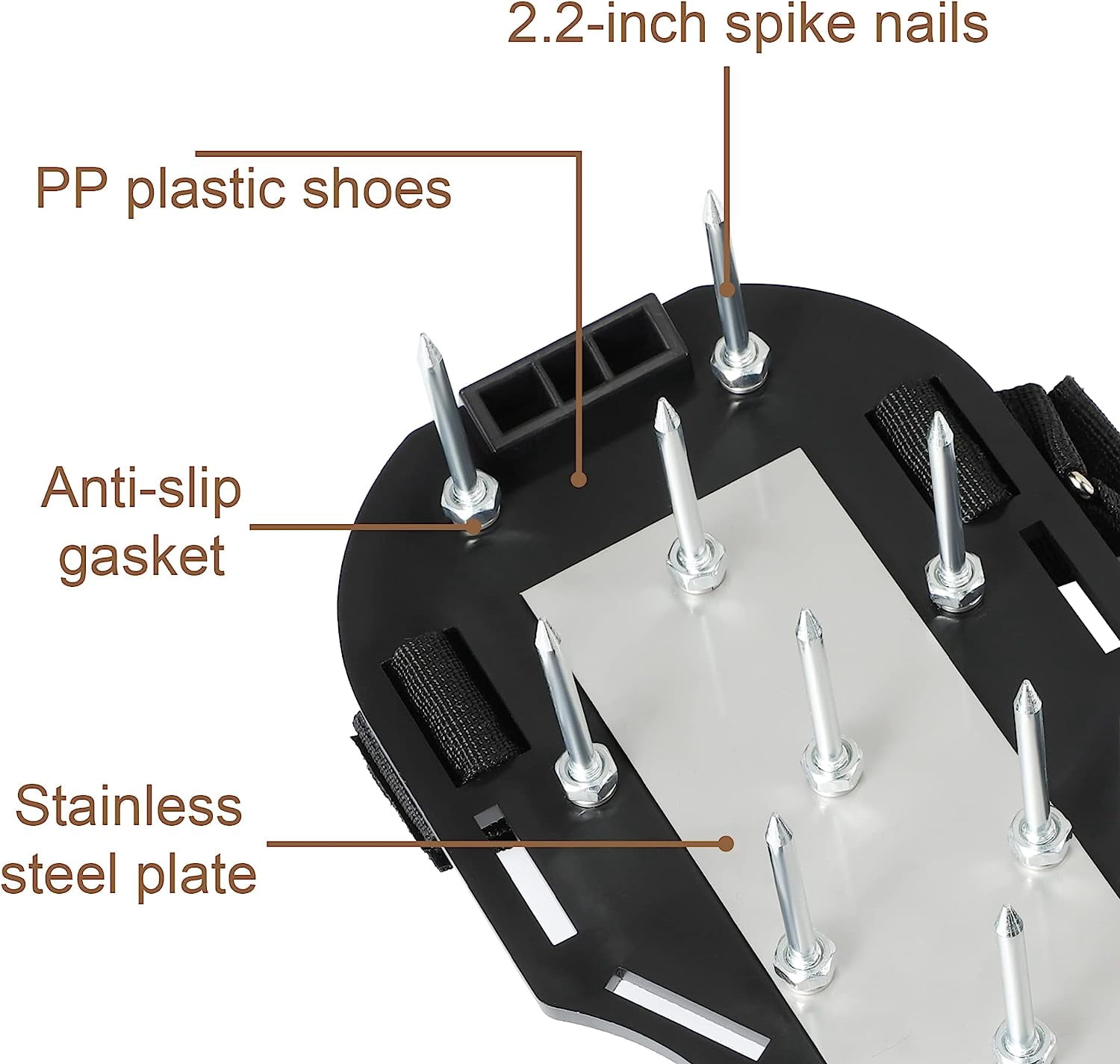 Lawn Aerator Shoes Pre-Assembled - 26 Heavy Duty Steel Spikes (2.4"), Stainless Base Plate, Adjustable Metal Buckle Straps Walk Behind Grass Sandals for Yard Care