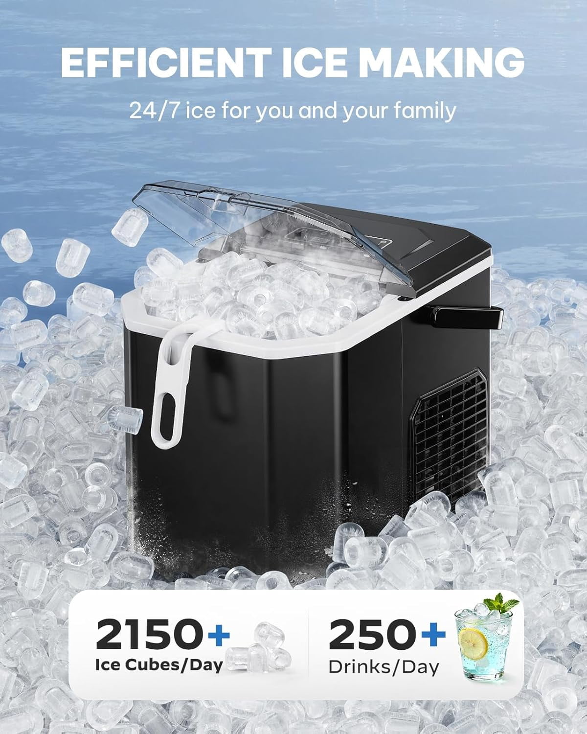 Ice Maker Countertop Machine with Handle, 26lbs in 24h, 9 Ice Cubes Ready in 6 Mins, Self-Cleaning Ice Makers with Basket and Scoop, Ideal for Home, Kitchen, Camping, RV