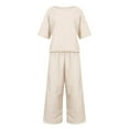 thumbnail image 3 of JFGHDG 2 Piece Outfits for Women Cotton Linen Lounge Set Short Sleeve Crewneck Top Elastic Waist Wide Leg Capri Pants Summer Casual Trendy Vacation Clothes Beige 3XL, 3 of 3