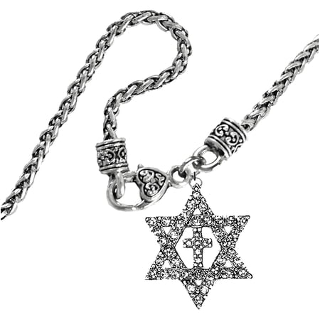 Messianic Christian Silvertone Crystal Star Of David,Cross On A Antique Wheat Chain Necklace.If you do not believe that this jewelry is beautiful when you receive it,simply return it for a full refund