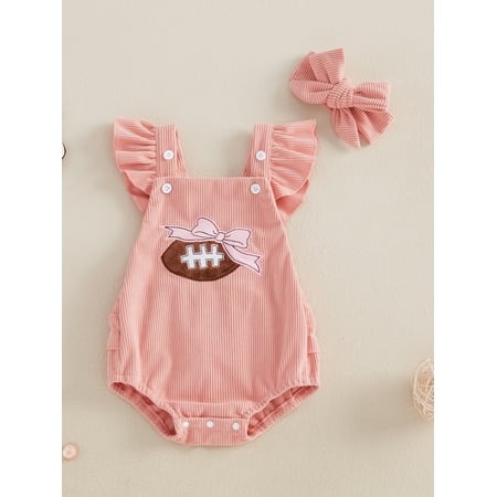 

Mama s sunshine Baby Girl Overalls Romper Football Bow Print Sleeveless Corduroy Jumpsuits Headband