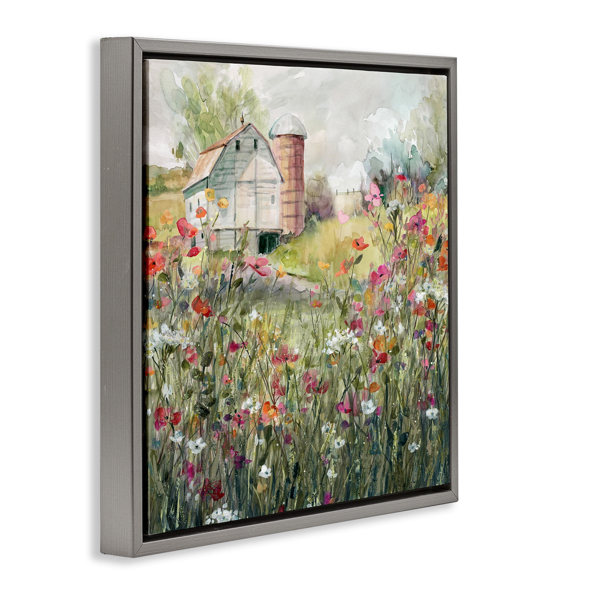 Stupell Industries Vibrant Meadow & Barn Botanical & Floral Painting Gray Floater Framed Canvas Art Print Wall Art, 18 x 18