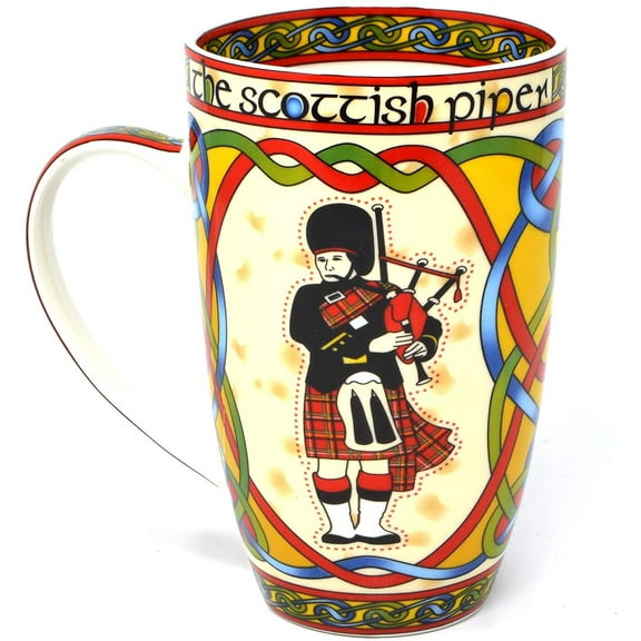 Scotland Piper Mug Cup 14 fl oz with Scottish Red Celtic Knots Design and Highland Bagpipes by Royal Tara