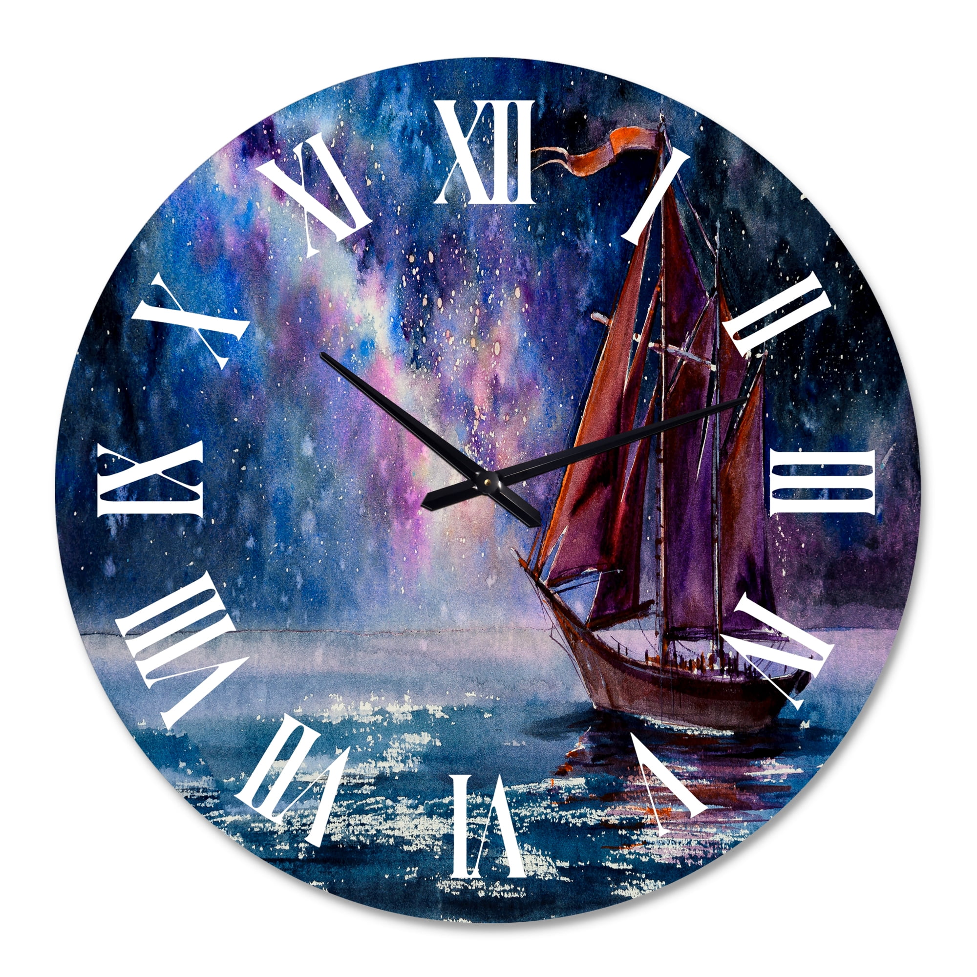Designart 'Wooden Sailboat With Red Sails & Bright Night Sky' Nautical & Coastal Wall Clock