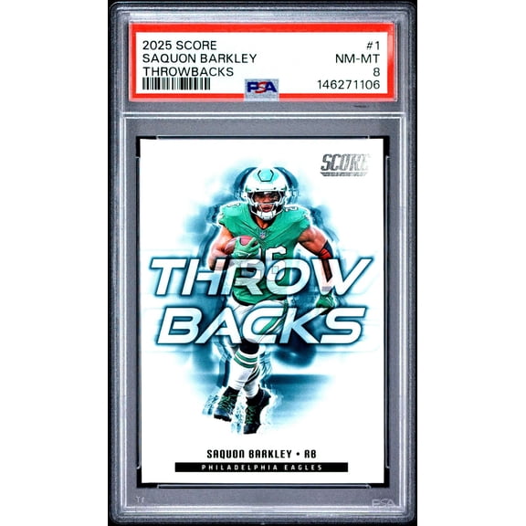Graded 2025 Panini Score Throwbacks Saquon Barkley #1 Philadelphia Eagles PSA 8 Football Card