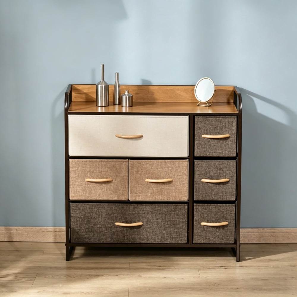 Maple Wood 7-Drawer Dresser, Fabric Storage Chest with Steel Frame & MDF Top, Anti-Tipping Organizer for Laundry Room Living Room Entryway