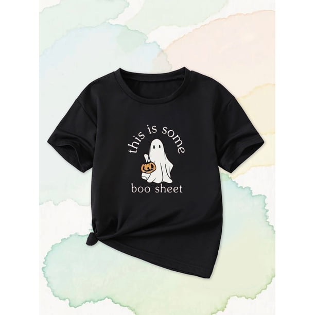 Girls' Halloween-Themed T-Shirt with Cute Ghost & Pumpkin Design - "This is Some" Print, White Short Sleeve Tee, Casual & Versatile for Summer, Halloween Shirts