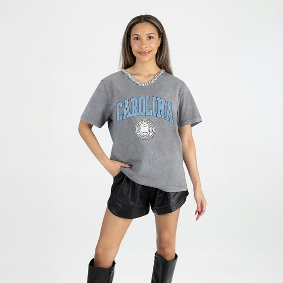 Women's Gameday Couture Gray North Carolina Tar Heels Iconic Edge Rhinestone V-Neck T-Shirt