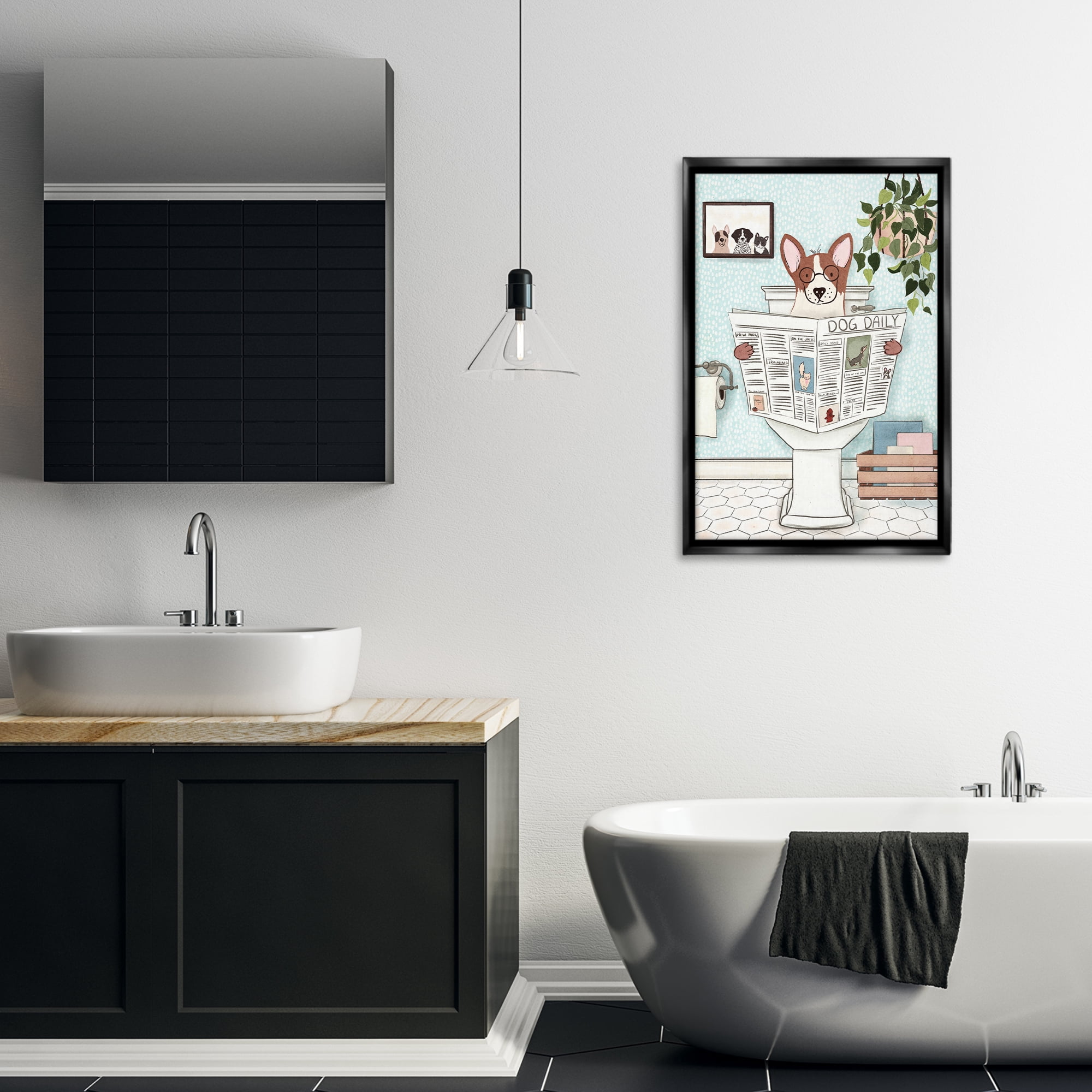 Stupell Industries Dog & Newspaper Bathroom Bath & Laundry Painting Black Floater Framed Canvas Art Print Wall Art, 21 x 31