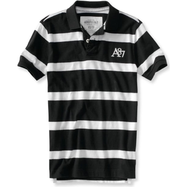 Aeropostale Mens Stripe A87 Logo Rugby Polo Shirt, Negro, Mediano