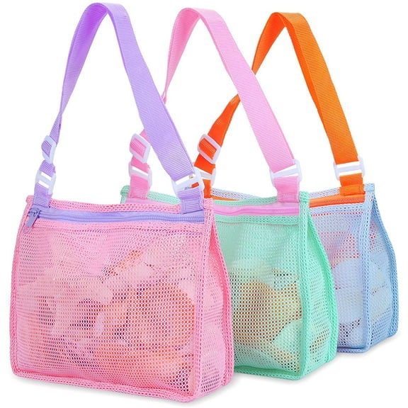 Beach Toy Mesh Beach Bag Kids Shell Collecting Bag Beach Sand Toy Seashell Bags Swimming Accessories for Boys and Girls(Only Bags,A Set of 3)