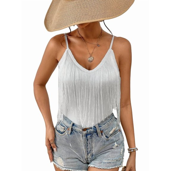 Womens Western Cowgirl Top - Country Concert Outfits Festival Tassel Hem Boho Camisole Rave Tank Shirt White L