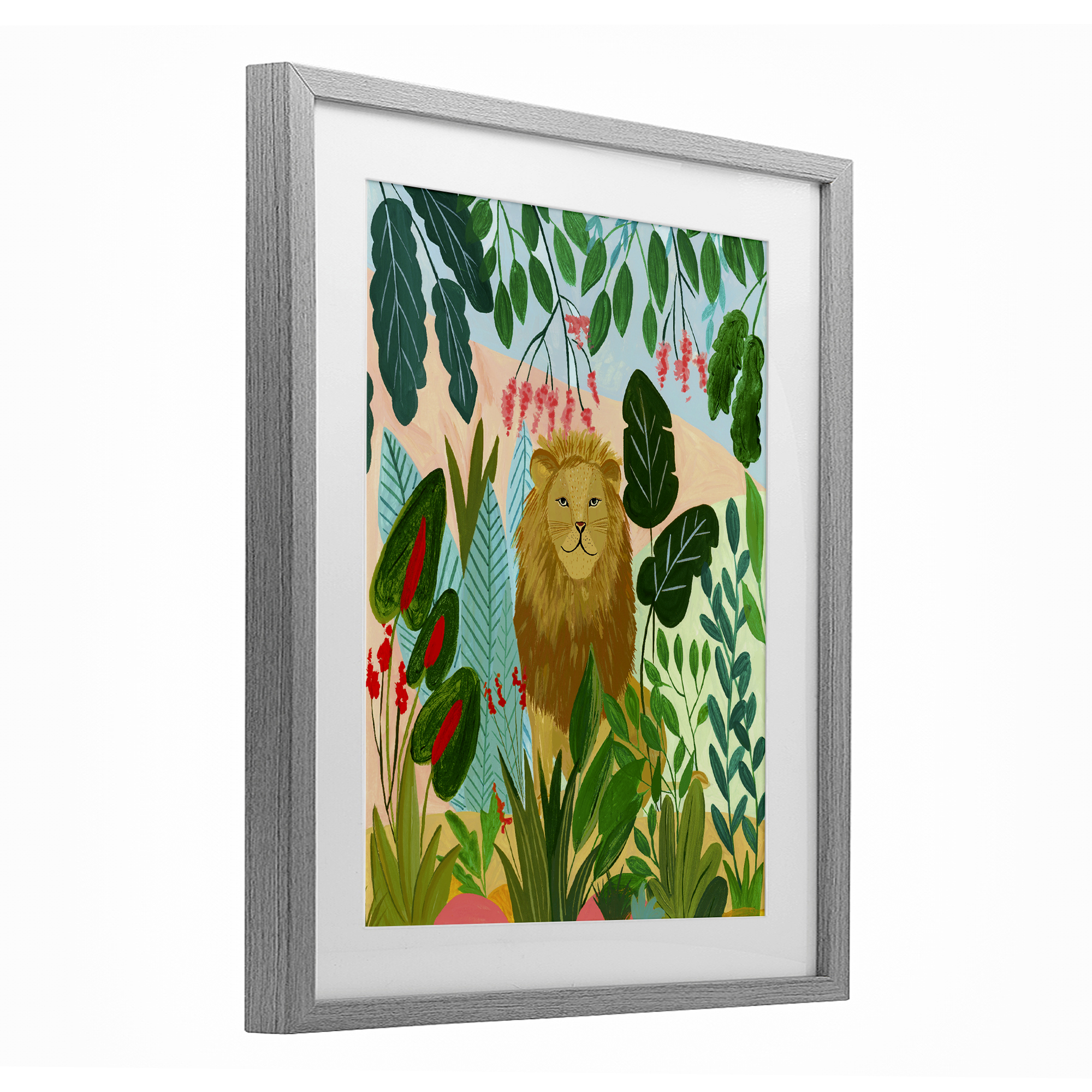 Stoic Lion Tropical Forest Gray Framed Print Under Glass, design by Nabeela Rumi