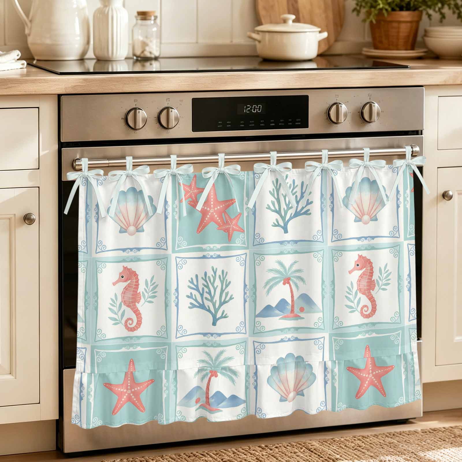 Oven Curtain for Kitchen Summer Ocean Beach Palms Stove Curtain With Ruffled Trim Dishwasher Curtains Coastal Starfish Seashells Oven Skirt 27 x20