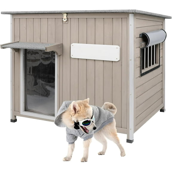 PETSCOSSET Wooden Dog House Outdoor Indoor Weatherproof with Chew-Proof Iron Frame
