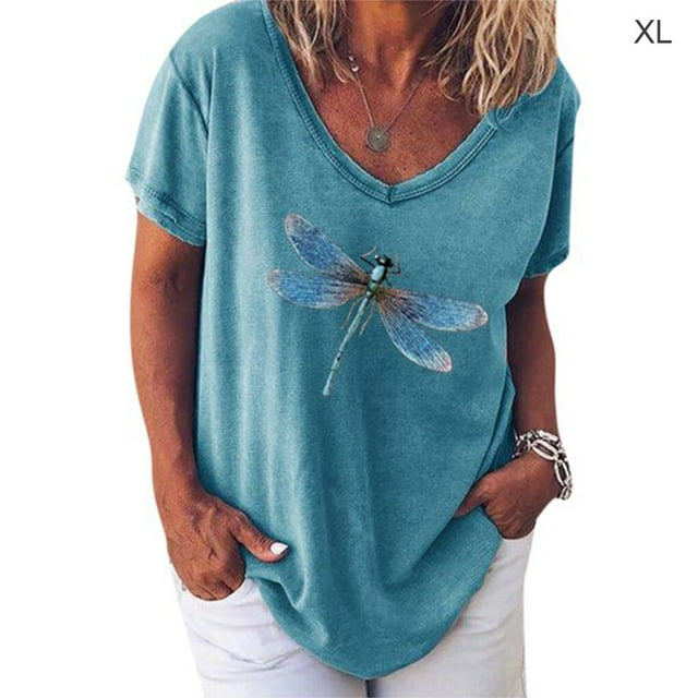 ziyahi T-Shirt Femme Imprimé Manches Courtes Col en V Blouse Décontractée Grande Taille, Bleu, TG