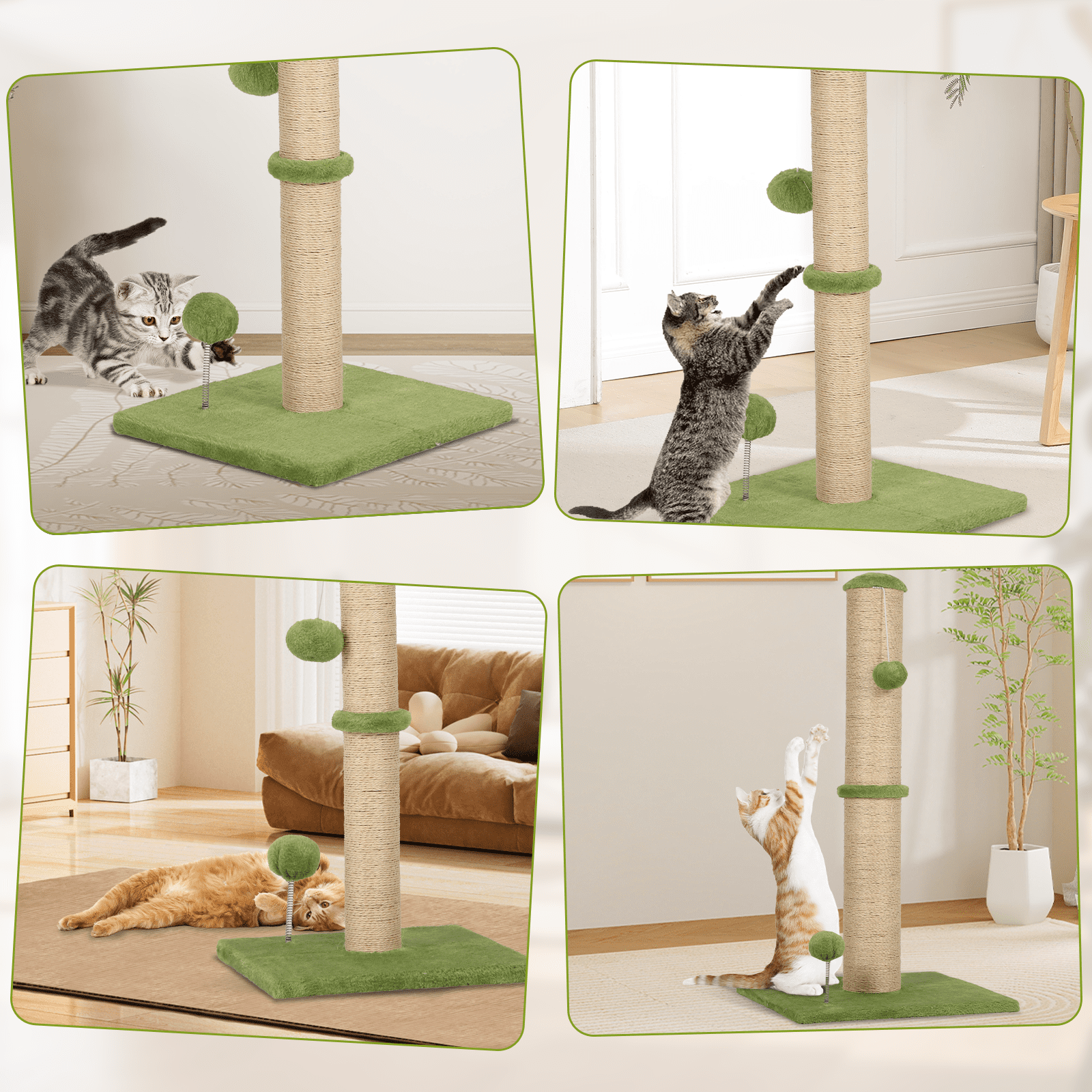 Dkelincs Cat Scratching Post with Sisal & Spring Ball Toy 22" Tall Cat Scratcher for Indoor Cats/Kittens Natural Sisal Scratch Post Trees for Living Room Bedroom, Green