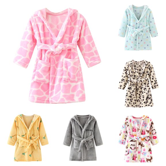 REDARER Unisex Kids Bath Robe Soft Thick Coral Classic Attached Hood Leopard Print Adjustable Tie Waist Front Pockets Loungewear Sleepwear,3-4 Years
