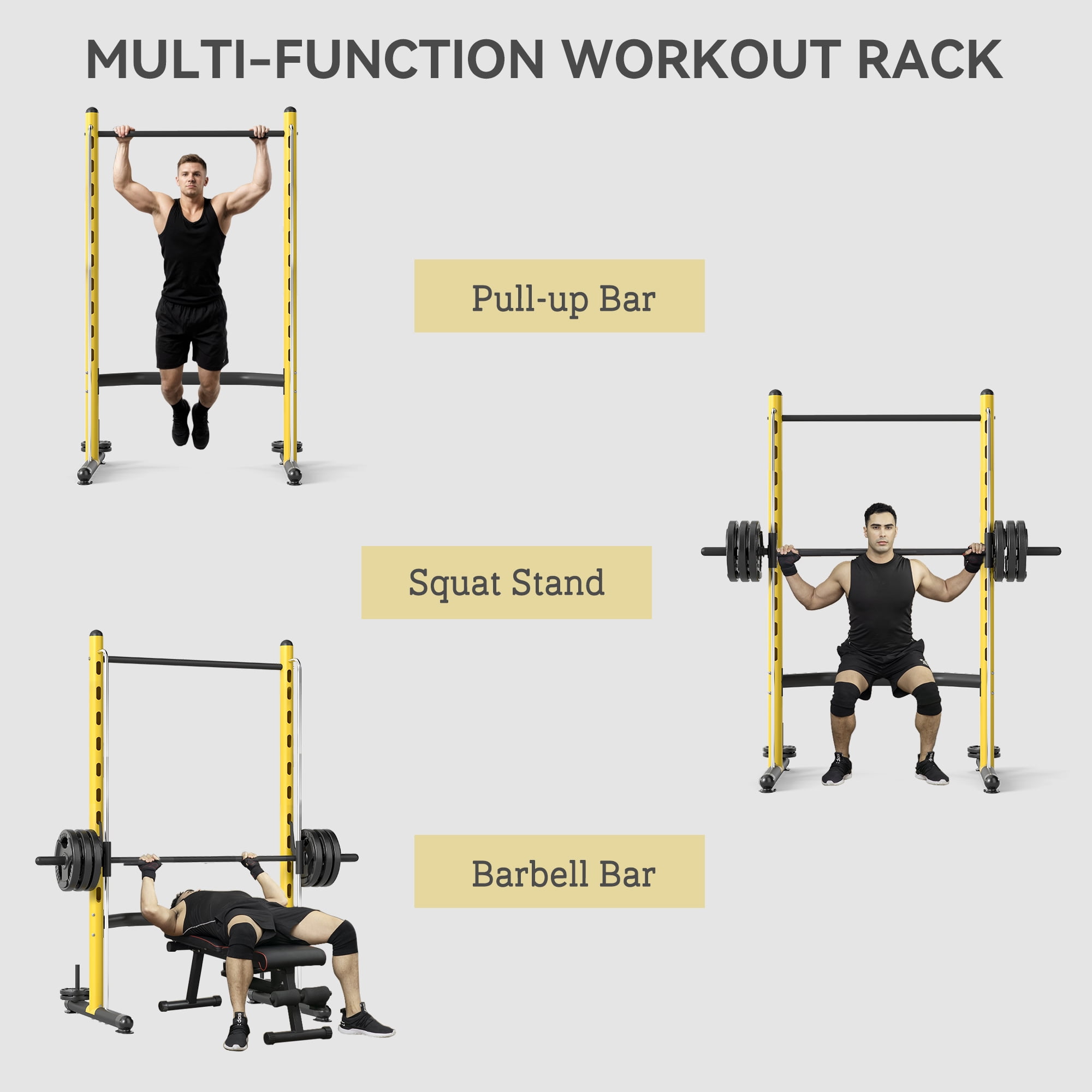 Soozier Adjustable Squat Rack with Pull Up Bar and Barbell Bar, Multi-Function Bench Press Weight Lifting Equipment, Yellow