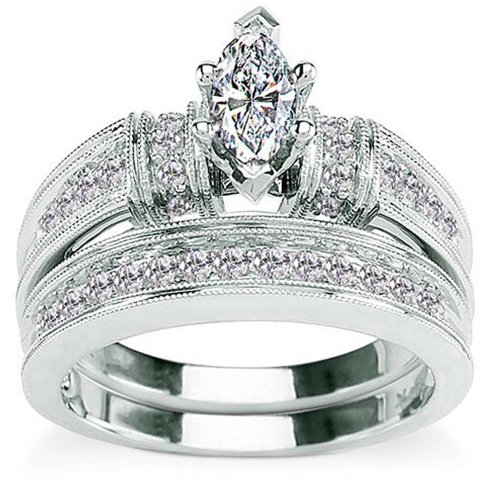 27/27 Carat Diamond Marquise Cut 27kt White Gold Bridal Set ...