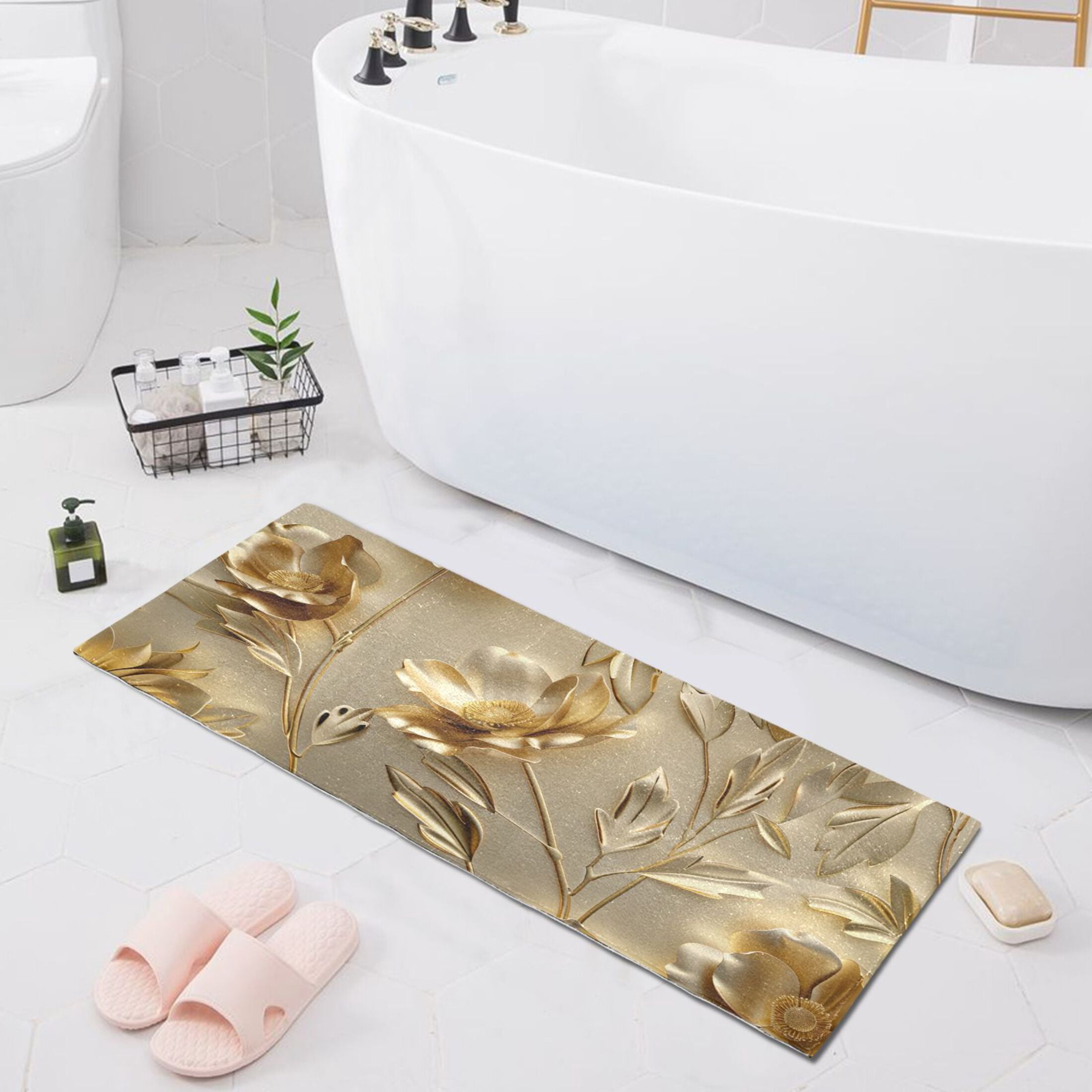 Gold Flowers and Leaves Bathroom Rug Non Slip Bathroom Mats Entry Door Soft Carpets for Kitchen Bedroom Living Room 39x20 inch