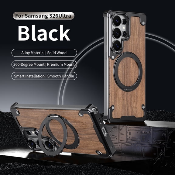 Dteck Magnetic Case for Samsung Galaxy S26 Ultra, Natual Wood Aluminum Shockproof Rugged Cover with Rotating Ring Stand,Black