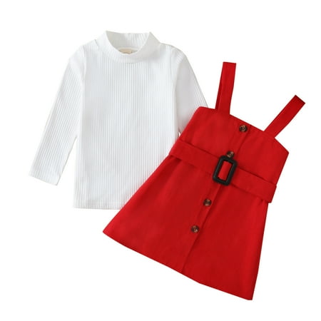 

Toddler Girls Long Sleeve Ribbed T Shirt Tops Suspenders Skirt Outfits