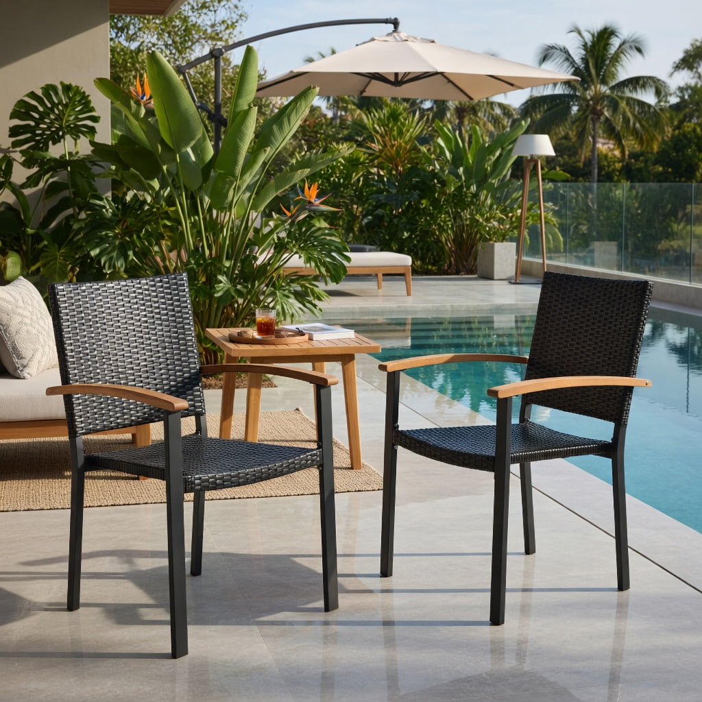 Hommoo Set of 4 Stackable Outdoor Patio Dining Chairs, PE Rattan Wicker with Powder-Coated Steel Frame & Acacia Wood Armrests, Rust-Resistant Backyard Seating, Black