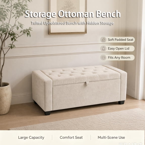 Storage Bench 43.3 Inch, Chenille Upholstered Ottoman Bench with Safety Hinge, End of Bed Storage Bench for Bedroom and Entryway, Beige