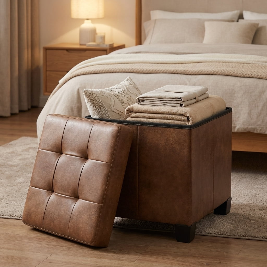 Ledrem Coffee Brown Foldable Ottoman Storage Bench, Footstool with 660 lb Capacity