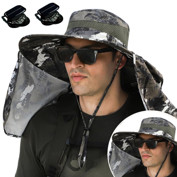 Solar Fan Hat with Neck Flap USB Rechargeable UV Dual Cooling Fan Fishing Hat Foldable Men Women Fisherman Hiking Mountaineering Sun Hat