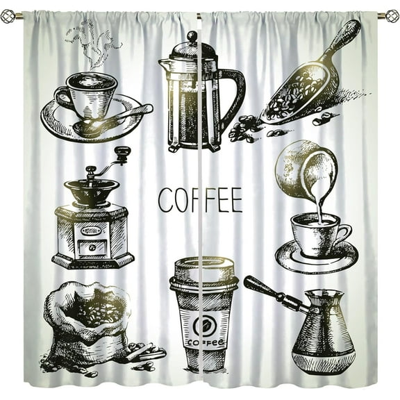 Vintage Coffee Curtains, Retro Brewing Equipment Doodle Sketch Grinder French Press Plastic Cup Scoop Window Drapes for Kitchen Living Room Bedroom Cafe 2 Panel Set, 42x63 Inch