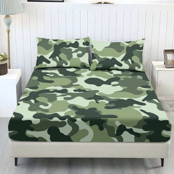 Qpednta Camouflage Green Sheets Set, Soft Lightweight 3 Pieces Bedding Sets 1 Fitted Sheet with 2 Pillowcases, Fade‑Resistant Elastic Band Bed Sheets for Dorm Apartment