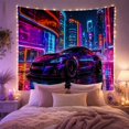 thumbnail image 2 of Purple Sports Car Beneath Neon Skyscrapers, Dramatic Digital Art for Vehicle Fans, City Night Decor, Housewarming Gift, Tapestry Wall Hanging for Gaming Room and Studio, 2 of 7