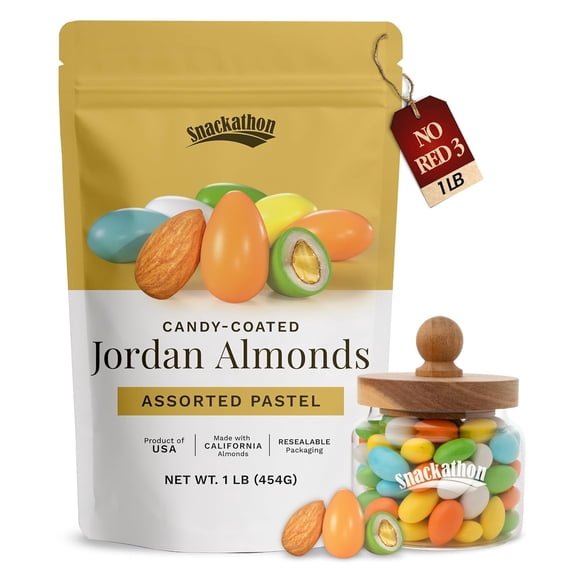 Snackathon Jordan Almonds, Assorted Pastel Candy-Coated Almonds, 1 LB Resealable Bag, Made in USA, Bulk Italian Confetti Wedding Favors, Baby & Bridal Showers, Party Buffets, Events & Holidays