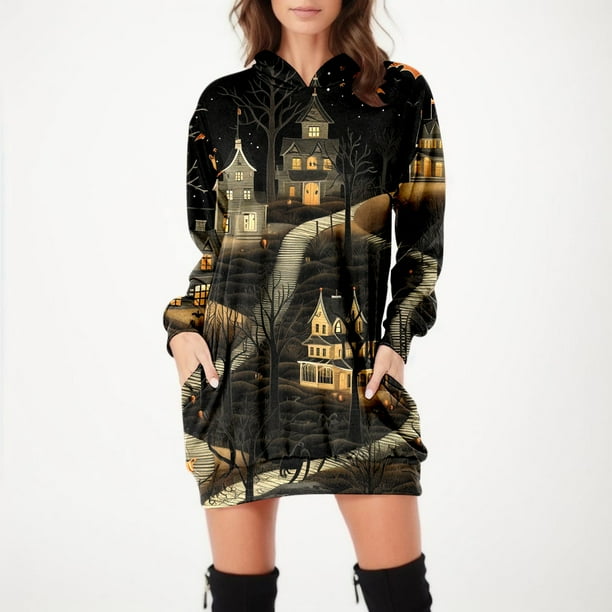 WILLBEST Vestidos de Algodon para Mujer, Vestido Cómodo para Mujer, Vestido Estampado Vintage, Sudaderas de Manga Larga, Vestidos Midi de Manga Larga con Bolsillos Chica