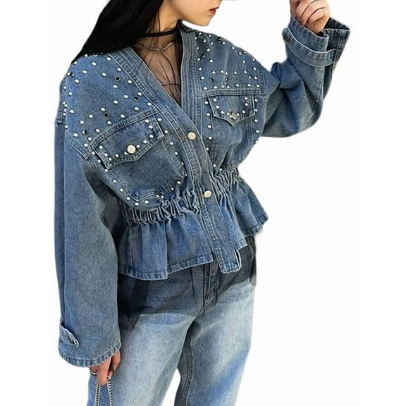 Women Beaded V Neck Button Down Motorcycle Denim Jacket Cinched Waist Streetwear Fall Clothes Trendy Light Blue M