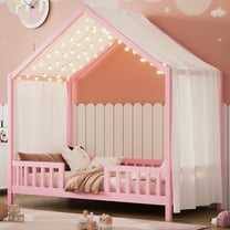 Harper & Bright Designs Montessori Floor Bed with Canopy and Roof, Twin Wood House Shape Bed Frame with Railings for Girls Boys Bedroom, Pink