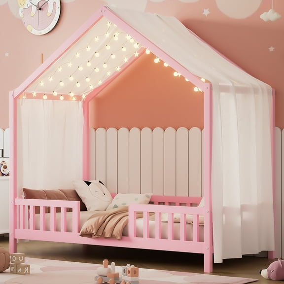 Harper & Bright Designs Montessori Floor Bed with Canopy and Roof, Twin Wood House Shape Bed Frame with Railings for Girls Boys Bedroom, Pink