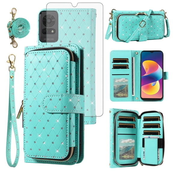 Asuwish Compatible with TCL 50 Le 5G Wallet Phone Case Tempered Glass Screen Protector Bling Glitter Crossbody Lanyard Strap Flip Zipper Purse Card Holder Cell Cover for Tcl 50Le Women Men Green